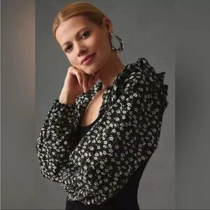 NWT Anthropologie black ribbed puff sleeve floral sweater XS